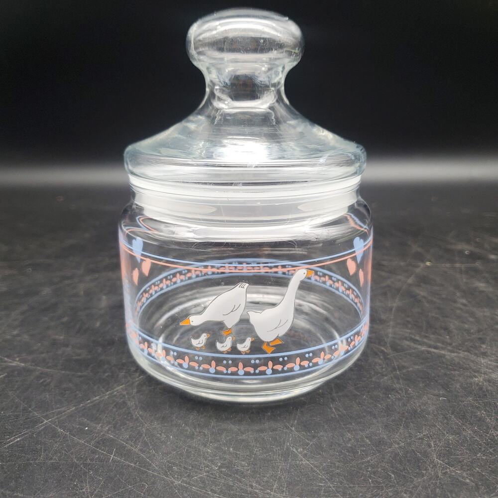 Vintage Clear Glass Lidded Jar Goose Design Country Kitchen Canister